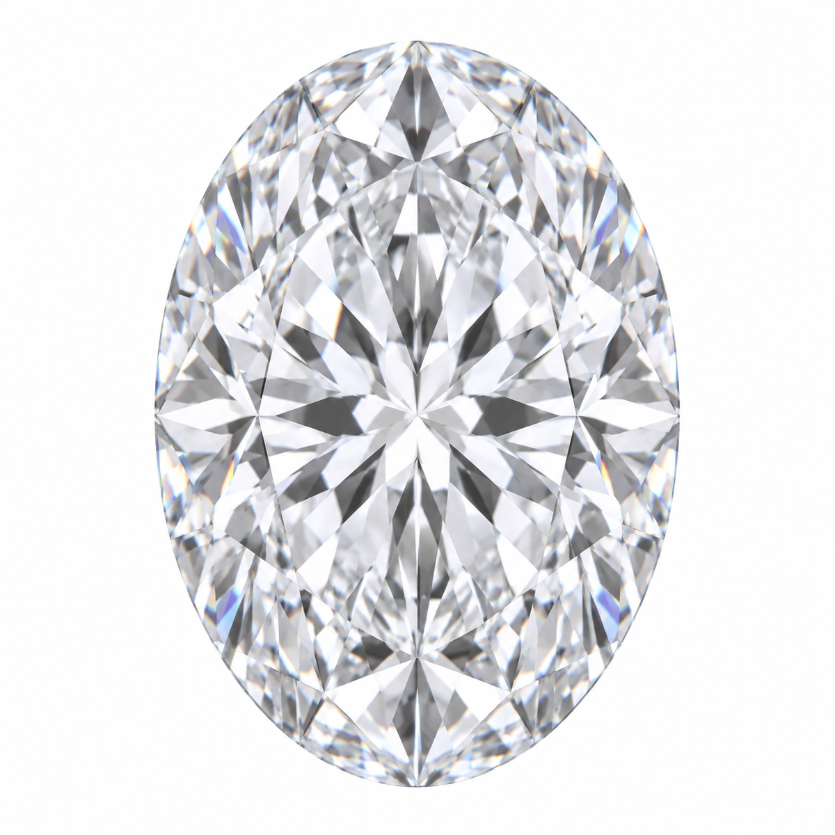 Illustrative head-on render of a oval colourless lab-grown diamond; not a photograph of an individual stone.