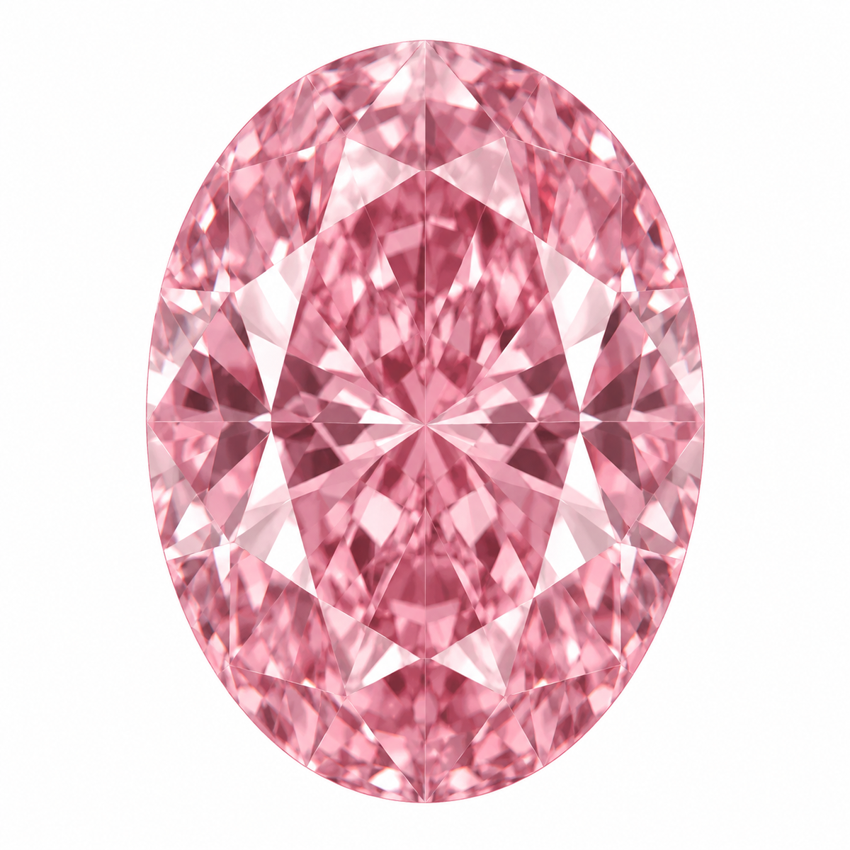 Illustrative head-on render of a oval pink lab-grown diamond; not a photograph of an individual stone.
