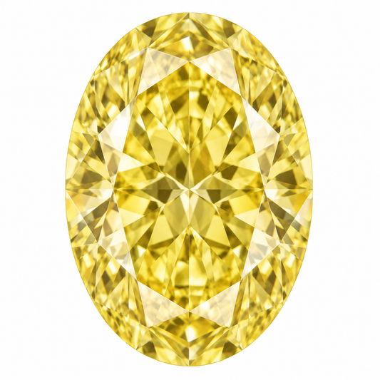 Illustrative head-on render of a oval yellow lab-grown diamond; not a photograph of an individual stone.