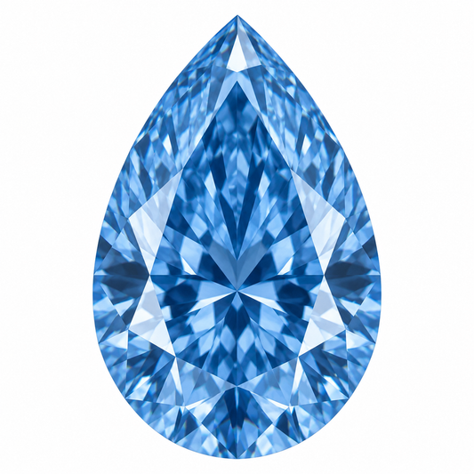 Illustrative head-on render of a pear blue lab-grown diamond; not a photograph of an individual stone.