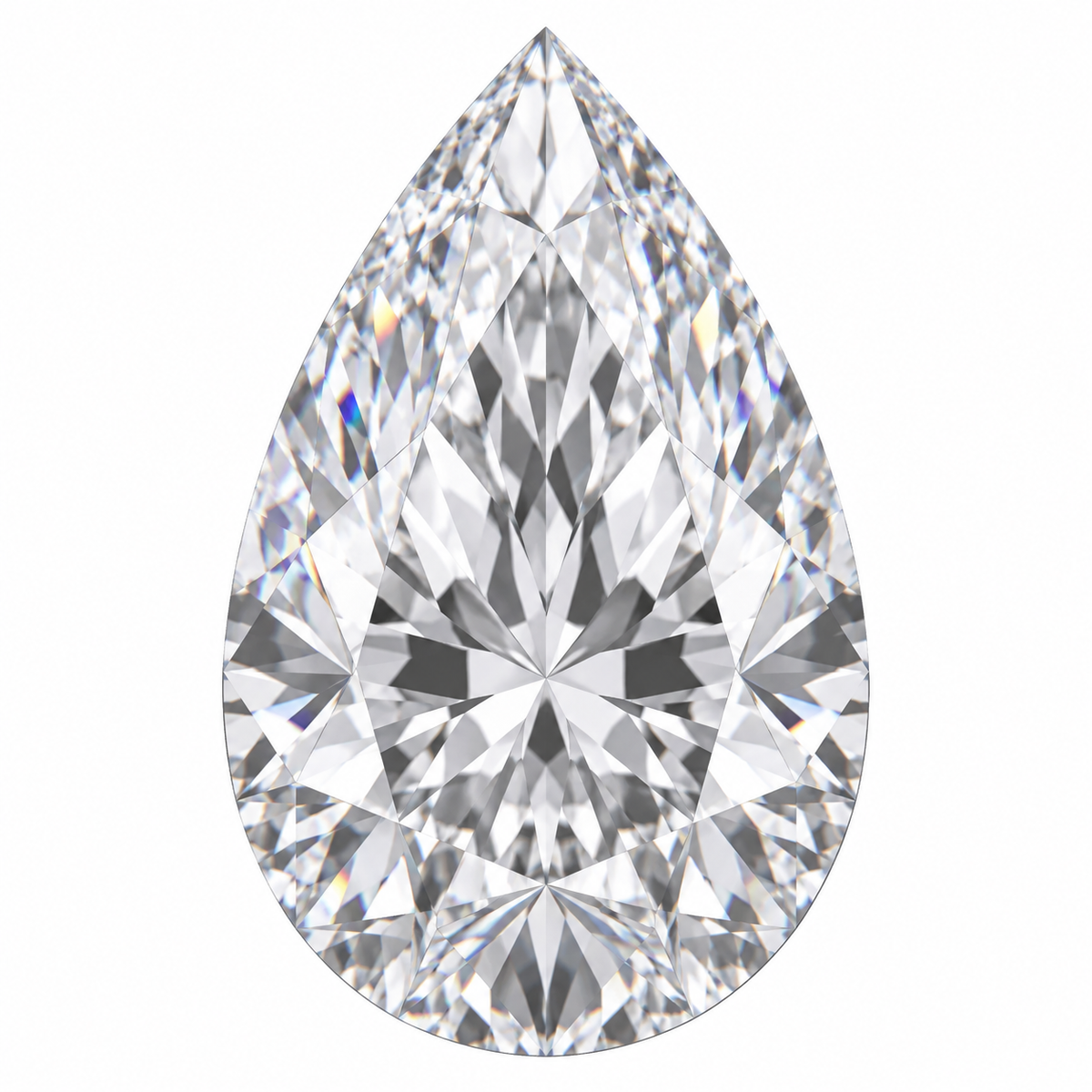 Illustrative head-on render of a pear colourless lab-grown diamond; not a photograph of an individual stone.