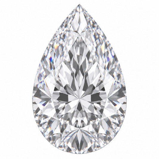 Illustrative head-on render of a pear colourless lab-grown diamond; not a photograph of an individual stone.