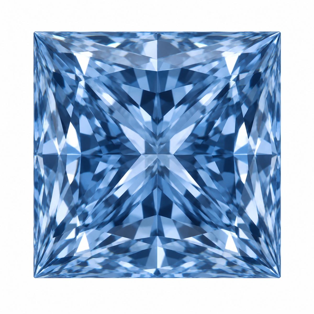 Illustrative head-on render of a princess blue lab-grown diamond; not a photograph of an individual stone.