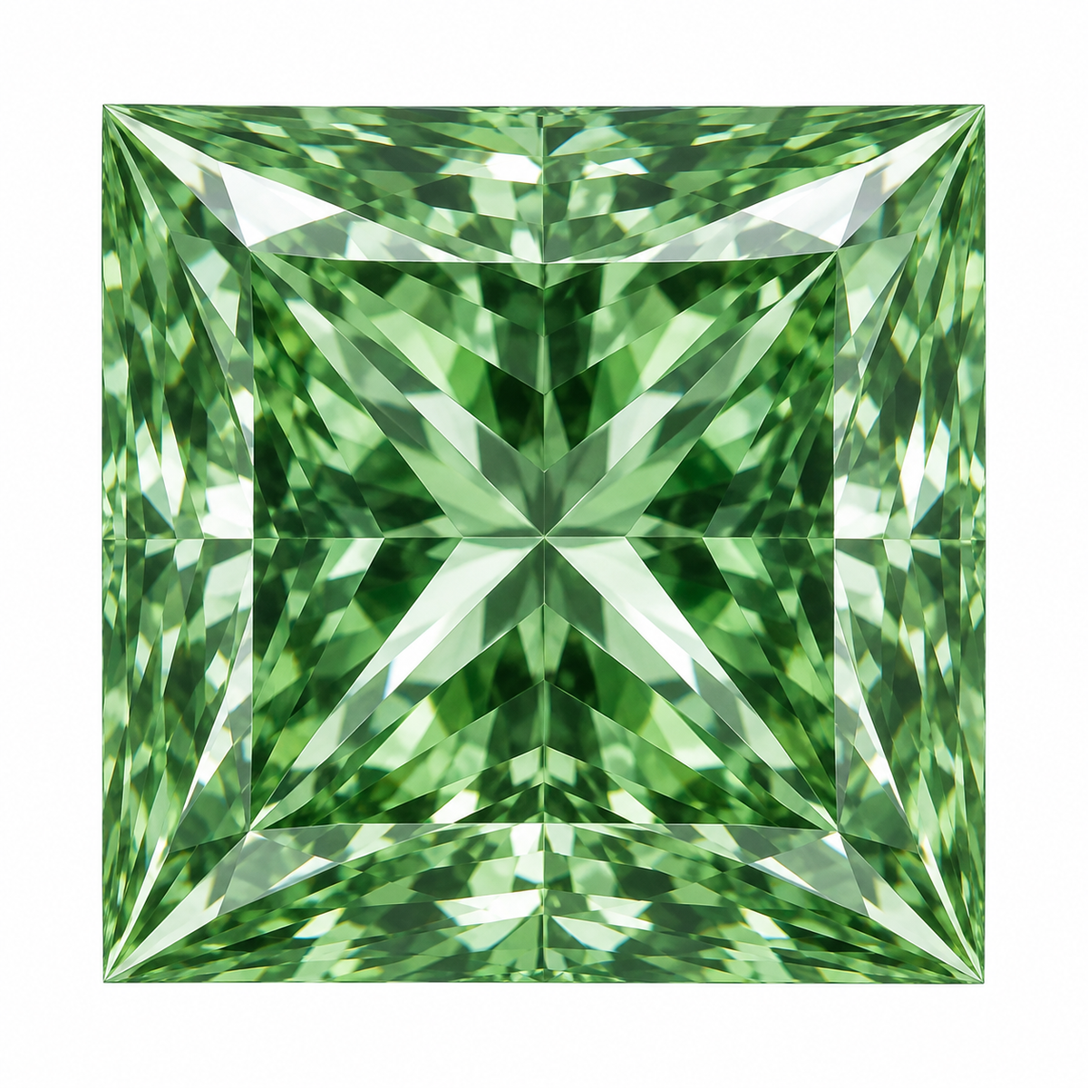 Illustrative head-on render of a princess green lab-grown diamond; not a photograph of an individual stone.