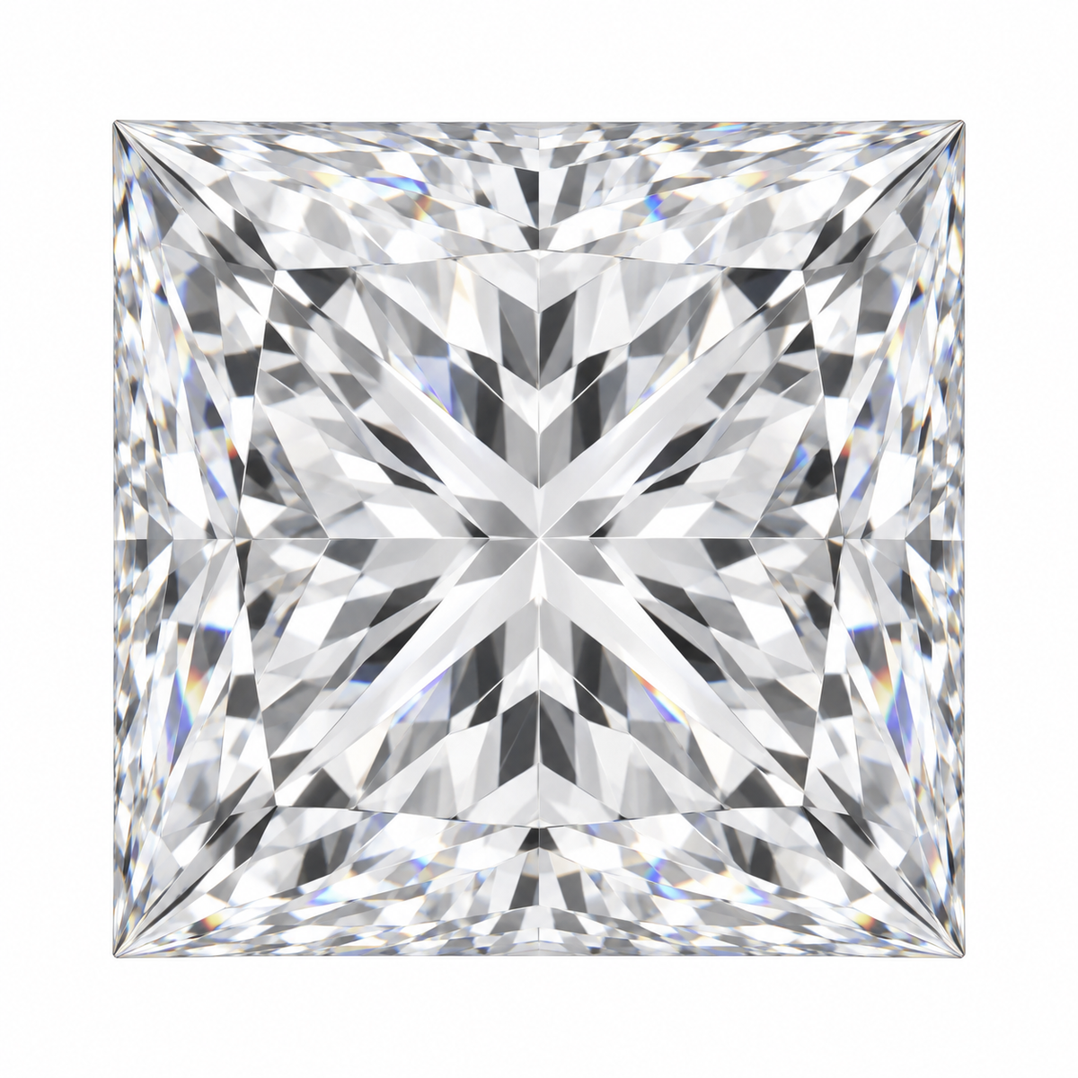 Illustrative head-on render of a princess colourless lab-grown diamond; not a photograph of an individual stone.