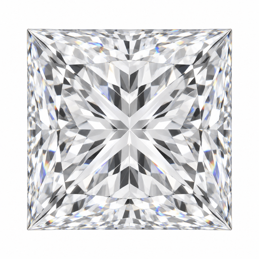 Illustrative head-on render of a princess-cut colourless lab-grown diamond; not a photograph of an individual stone.