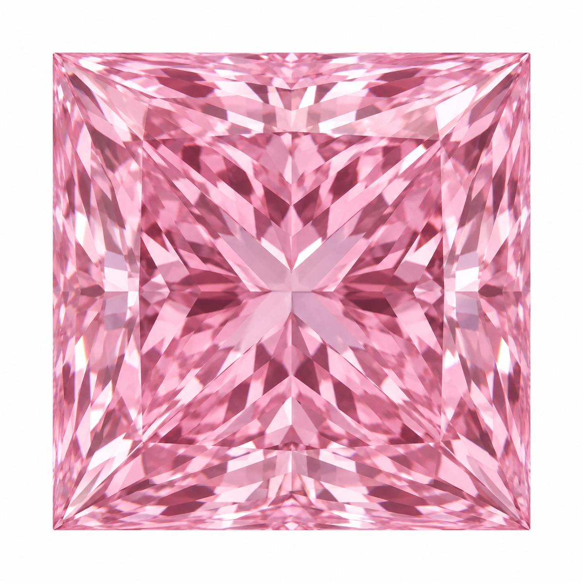 Illustrative head-on render of a princess pink lab-grown diamond; not a photograph of an individual stone.