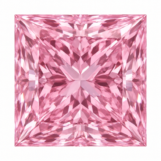 Illustrative head-on render of a princess pink lab-grown diamond; not a photograph of an individual stone.