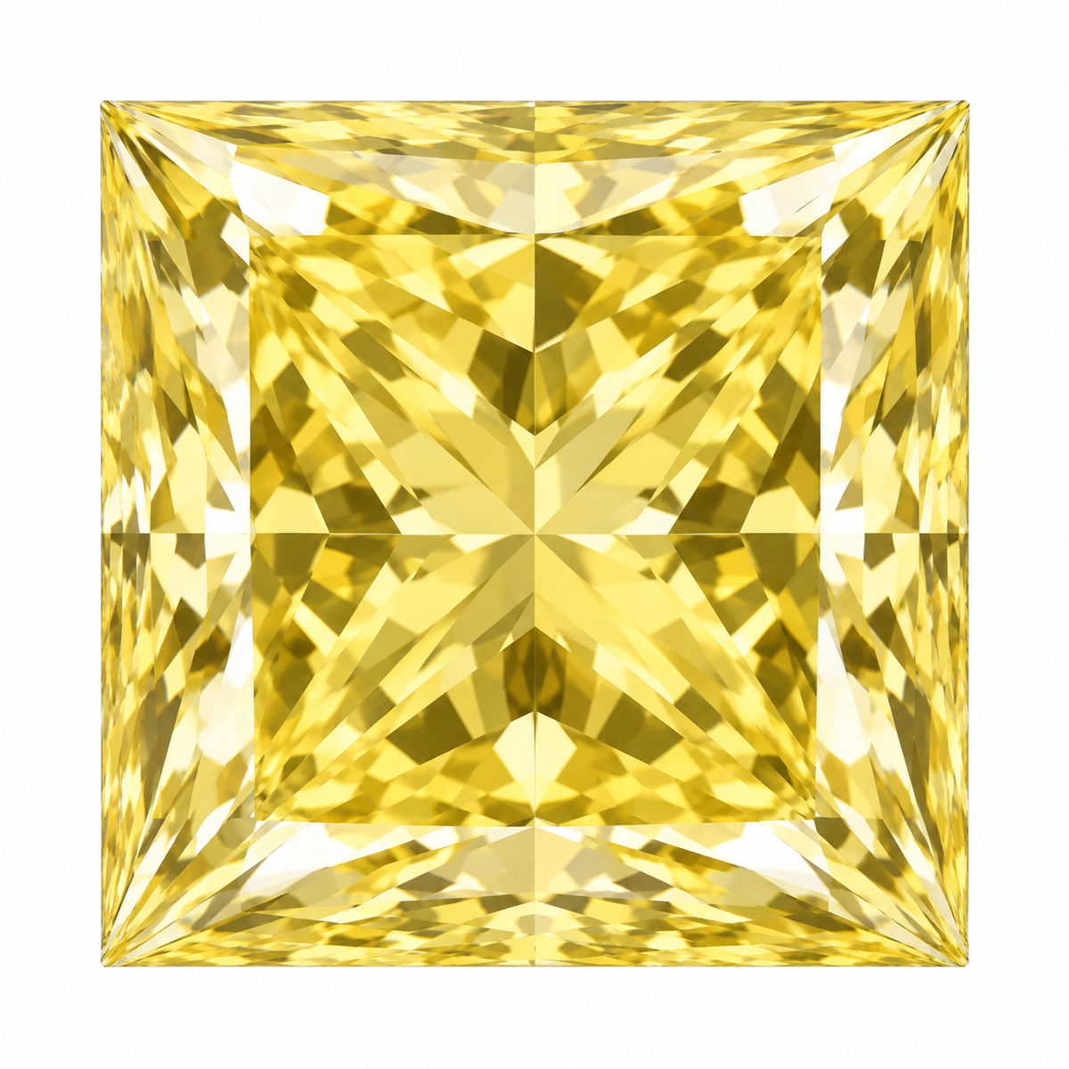 Illustrative head-on render of a princess yellow lab-grown diamond; not a photograph of an individual stone.