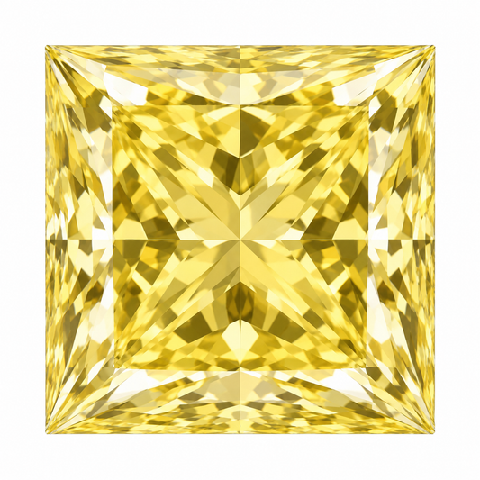 Illustrative head-on render of a princess yellow lab-grown diamond; not a photograph of an individual stone.
