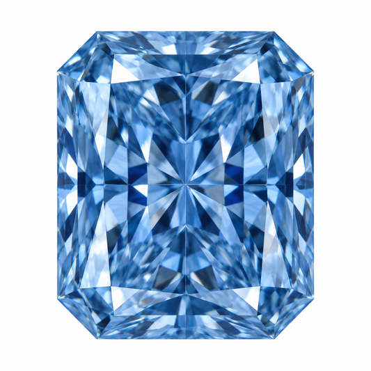 Illustrative head-on render of a radiant blue lab-grown diamond; not a photograph of an individual stone.