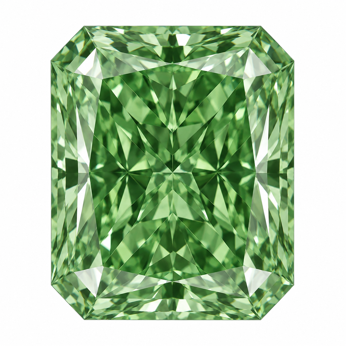Illustrative head-on render of a radiant green lab-grown diamond; not a photograph of an individual stone.