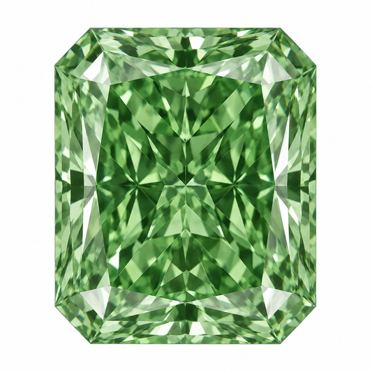 Illustrative head-on render of a radiant green lab-grown diamond; not a photograph of an individual stone.