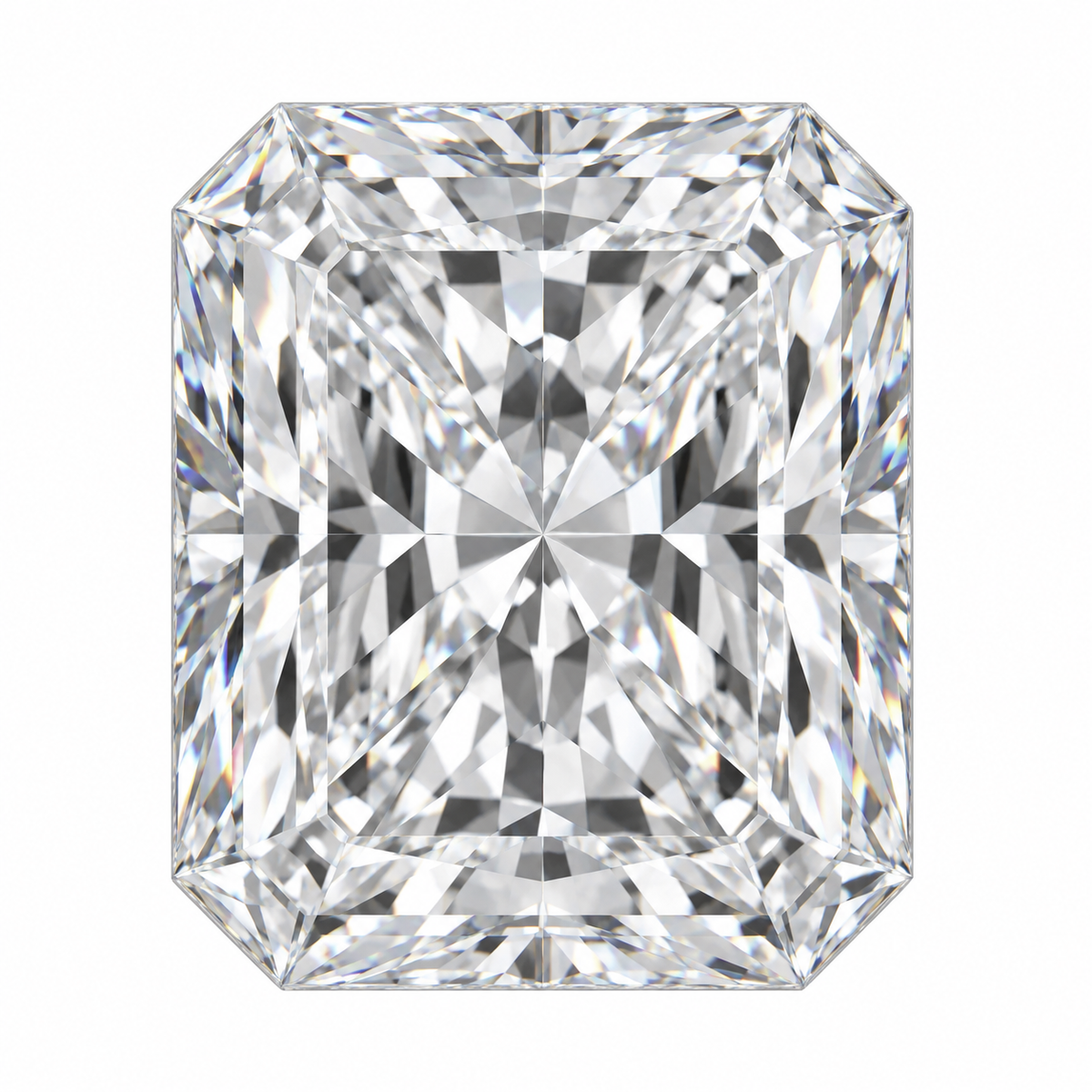 Illustrative head-on render of a radiant colourless lab-grown diamond; not a photograph of an individual stone.