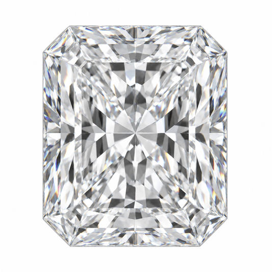 Illustrative head-on render of a radiant colourless lab-grown diamond; not a photograph of an individual stone.