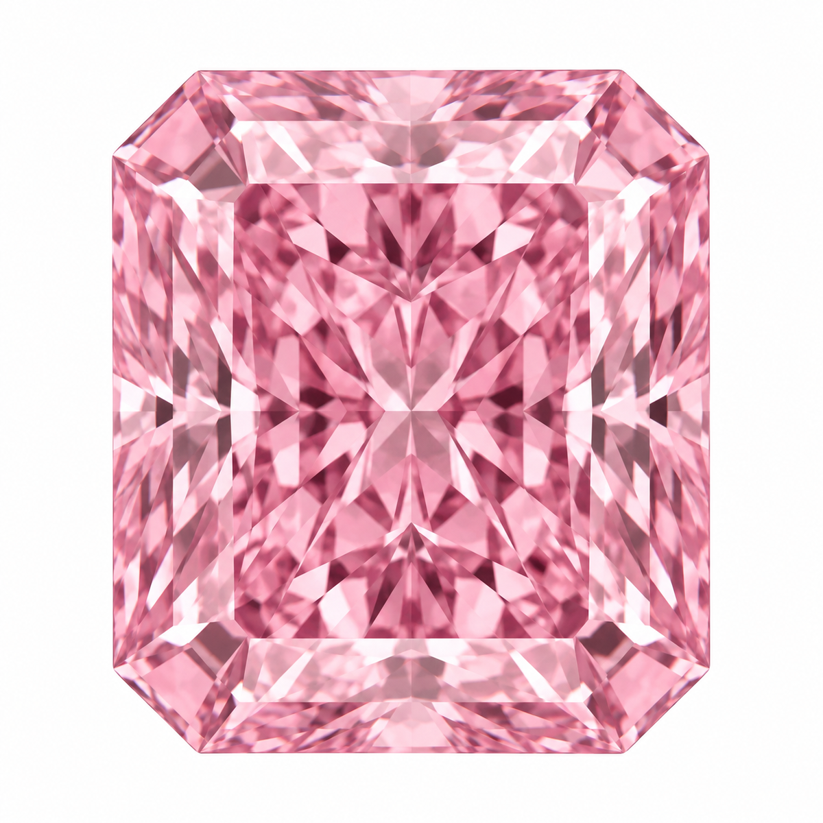 Illustrative head-on render of a radiant pink lab-grown diamond; not a photograph of an individual stone.
