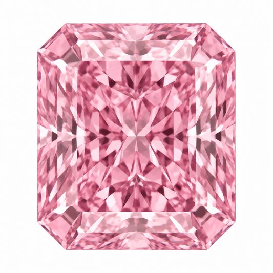 Illustrative head-on render of a radiant pink lab-grown diamond; not a photograph of an individual stone.