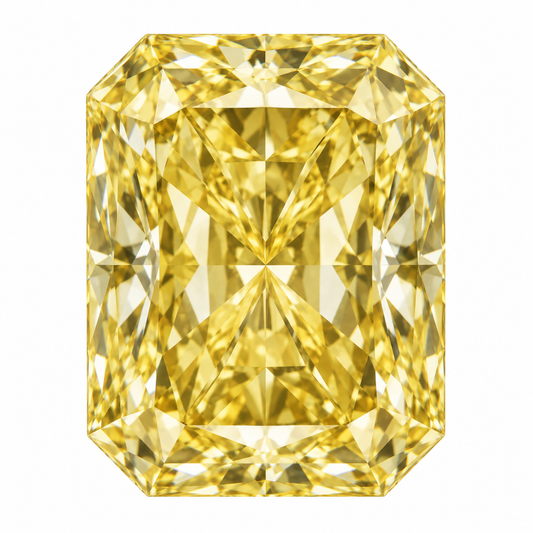 Illustrative head-on render of a radiant yellow lab-grown diamond; not a photograph of an individual stone.