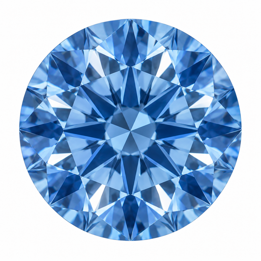 Illustrative head-on render of a round blue lab-grown diamond; not a photograph of an individual stone.