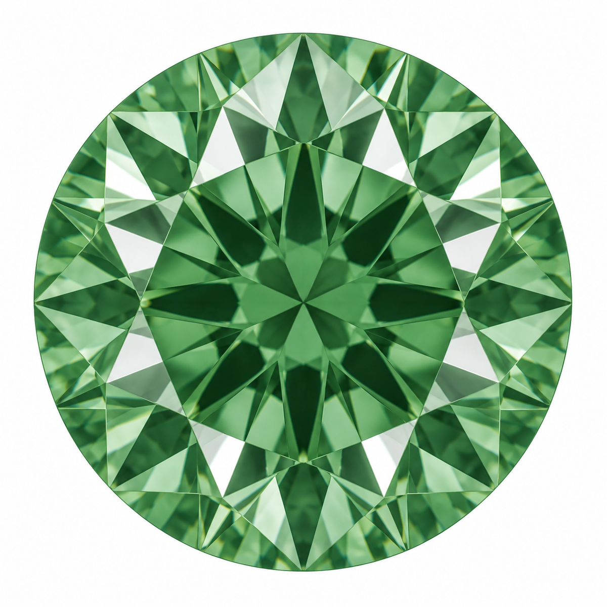 Illustrative head-on render of a round green lab-grown diamond; not a photograph of an individual stone.