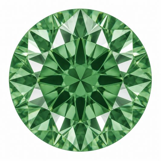 Illustrative head-on render of a round green lab-grown diamond; not a photograph of an individual stone.