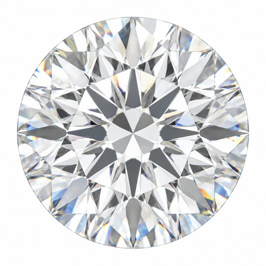 Illustrative head-on render of a round colourless lab-grown diamond; not a photograph of an individual stone.