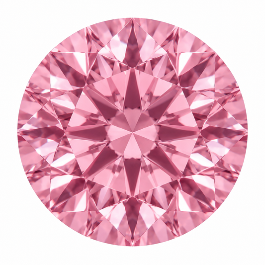 Illustrative head-on render of a round pink lab-grown diamond; not a photograph of an individual stone.
