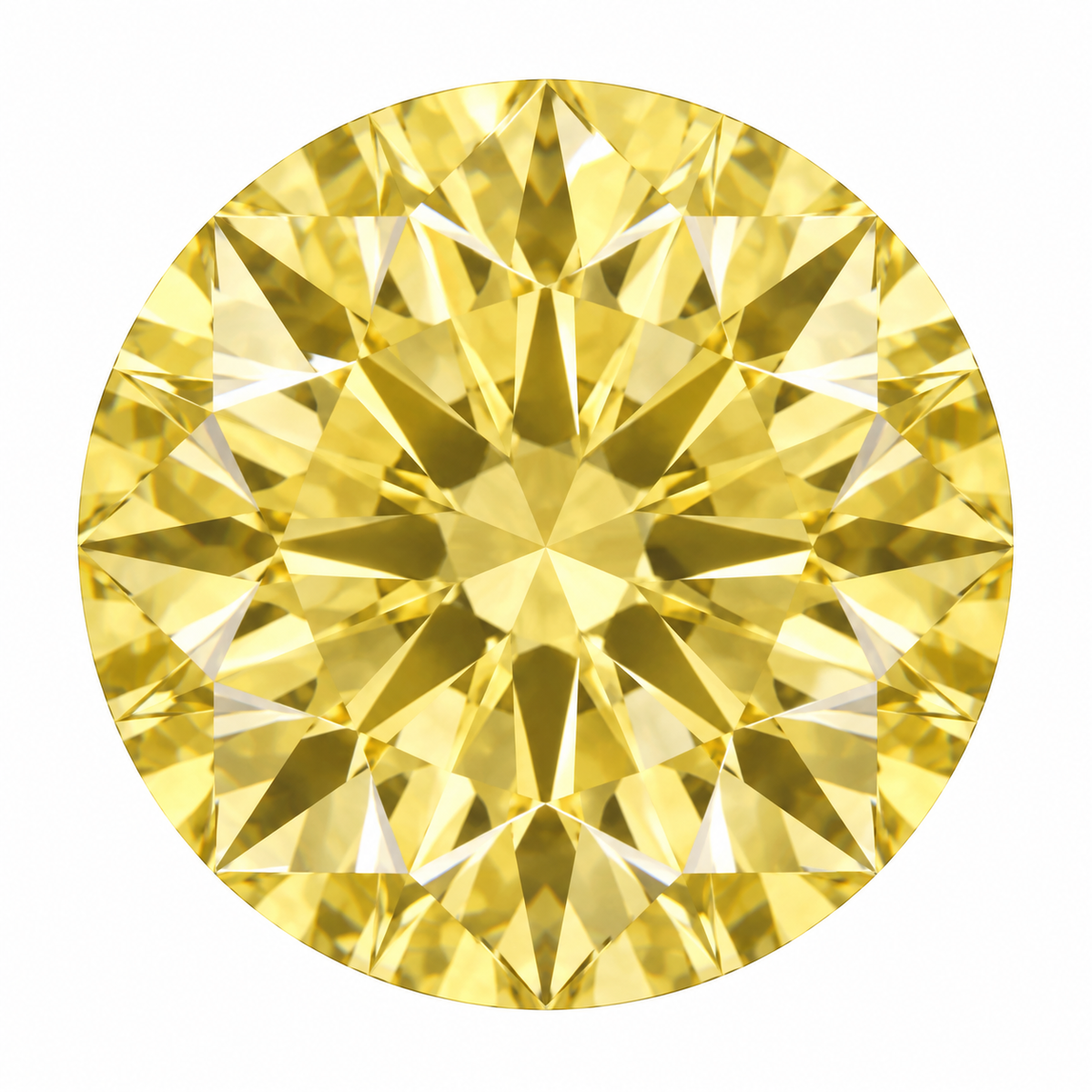 Illustrative head-on render of a round yellow lab-grown diamond; not a photograph of an individual stone.