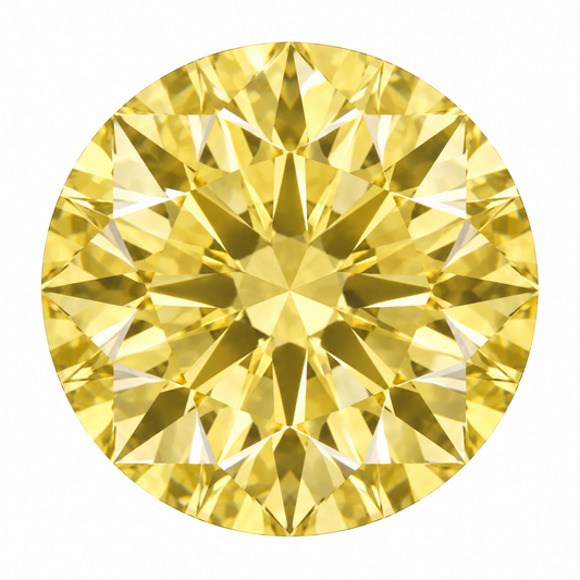 Illustrative head-on render of a round yellow lab-grown diamond; not a photograph of an individual stone.