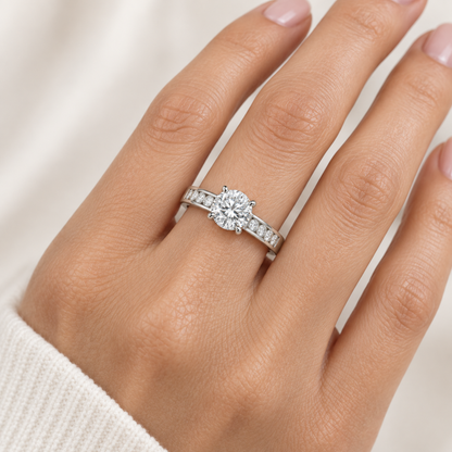 [metal:white-gold] Serenade Ring Setting — on hand — illustrative design render