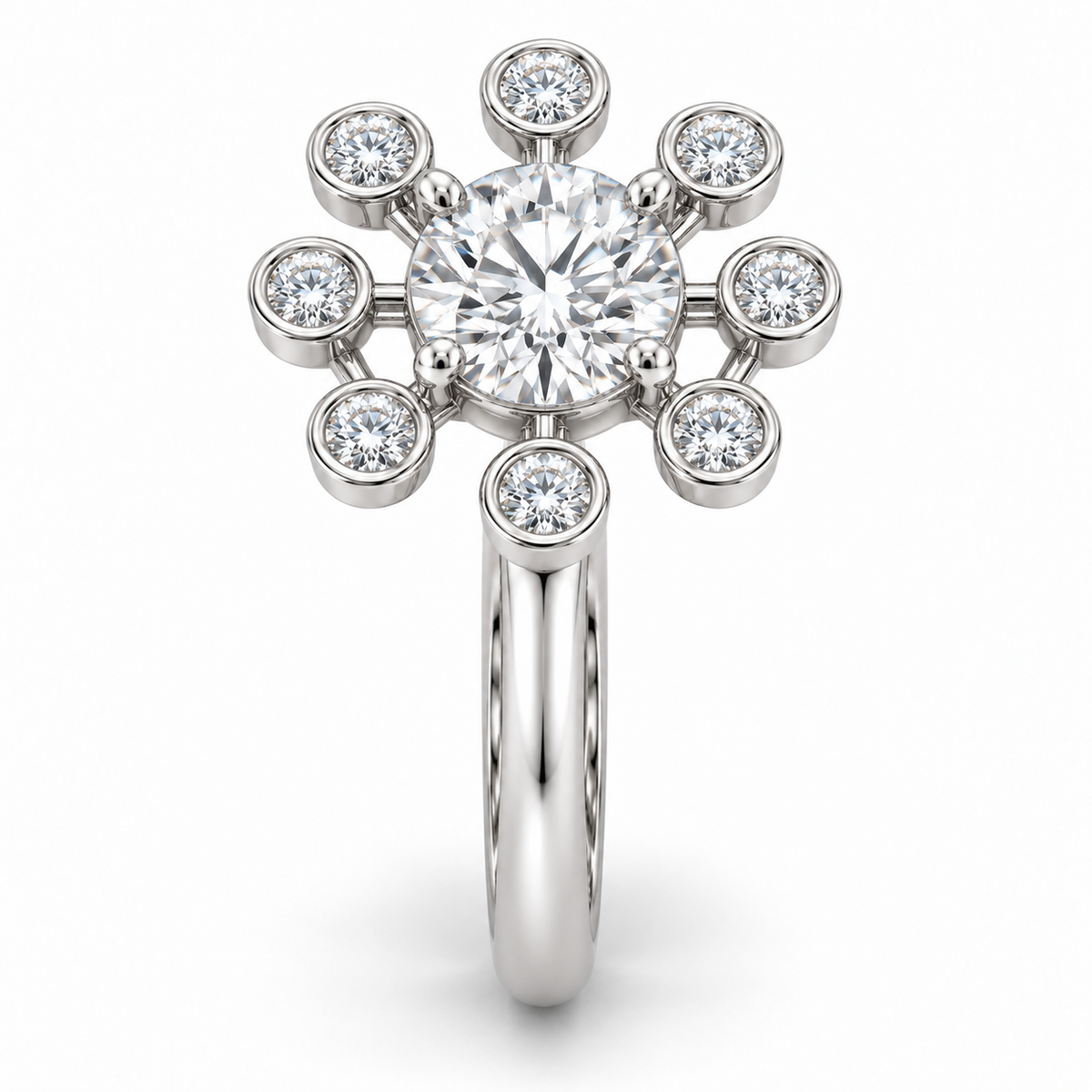 [metal:white-gold] Yvaine Satellite Halo Setting — elevated edge profile — Eight separate bezel-set halo diamonds around the round centre [profile-audit-20261001]