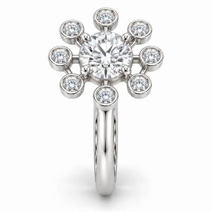 [metal:white-gold] Yvaine Satellite Halo Setting — elevated edge profile — Eight separate bezel-set halo diamonds around the round centre [profile-audit-20261001]