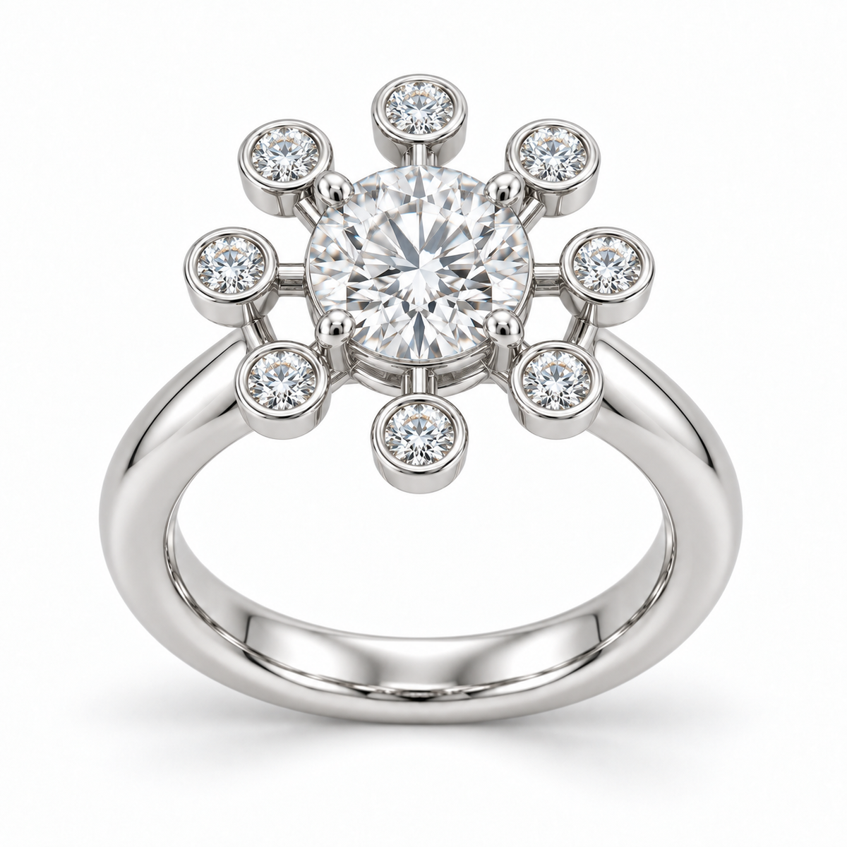 [metal:white-gold] Yvaine Satellite Halo Setting — elevated side profile — Eight separate bezel-set halo diamonds around the round centre [profile-audit-20261001]