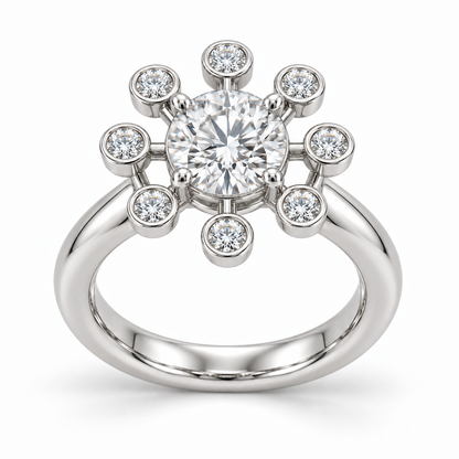 [metal:white-gold] Yvaine Satellite Halo Setting — elevated side profile — Eight separate bezel-set halo diamonds around the round centre [profile-audit-20261001]